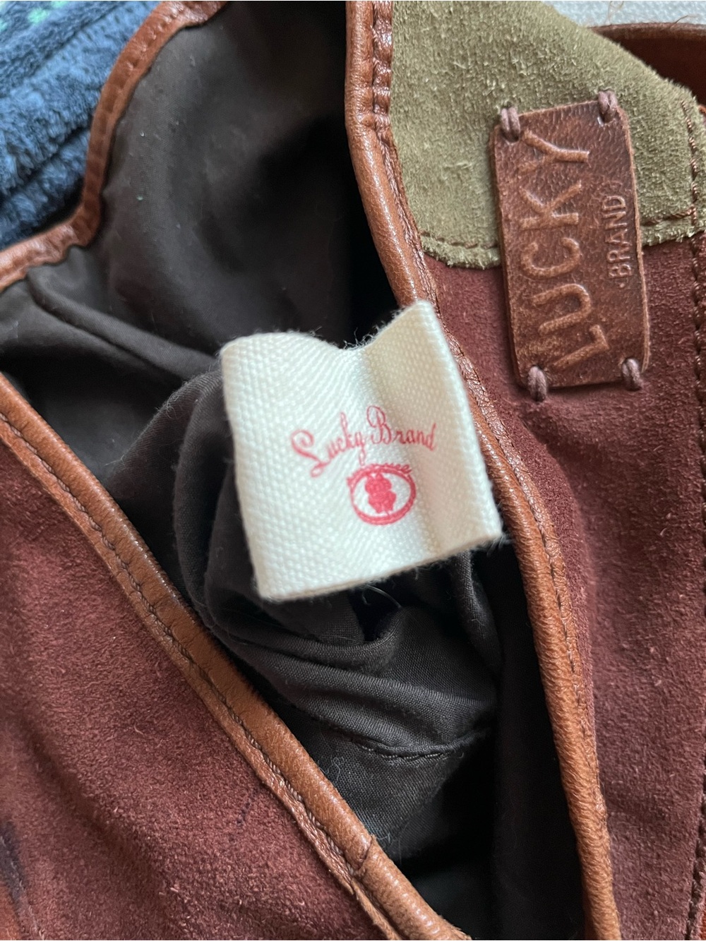 Vintage Leather Suede Lucky Brand Patchwork Shoulder Bag in Brown and Olive - Picture 5 of 5